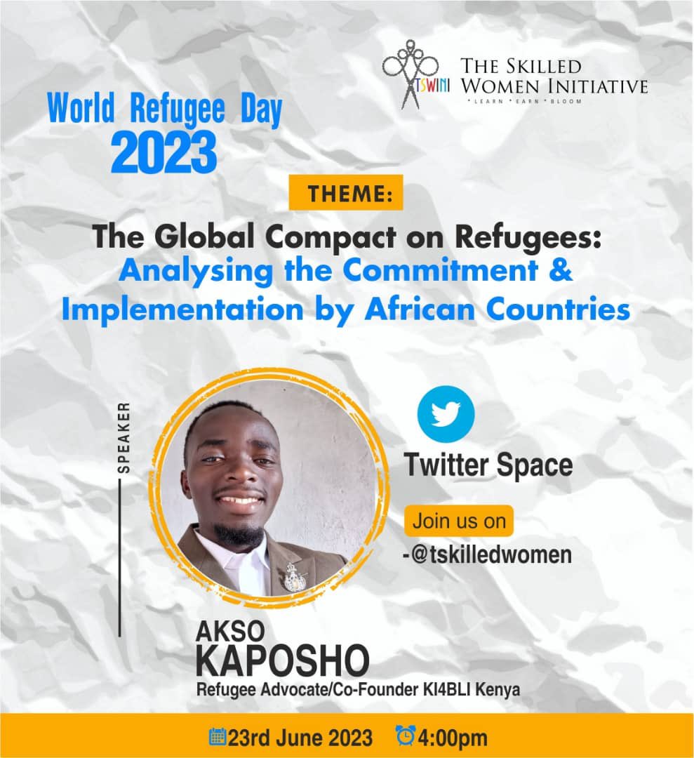 TSkilledwomen's tweet photo. Meet our speaker Akso Kaposho  @KaposhoM from DR Congo who resides in Kenya and is the founder of youth led refugee led-organization @ki4bli .Read more about Akso on https://t.co/EYlVDtx4px  

#worldrefugeeday2023 #refugeeforum #GCR #refugees #iworkwithrefugees #tswini https://t.co/ICtAejyrn0