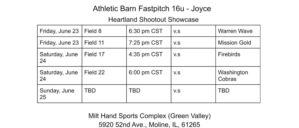GraceRisinger14's tweet photo. This is the schedule for the Heartland Shootout Showcase this weekend! @ABFastpitch #heartlandshootout https://t.co/MFiBMQ1qmR