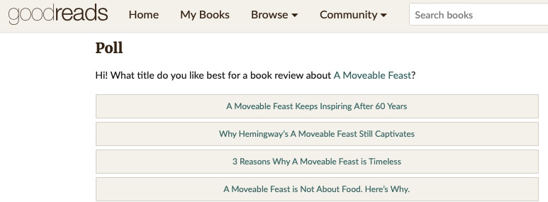 @goodreads ⚡️Thanks for the early votes! This will run until Sunday on @Goodreads. Appreciate your help: goodreads.com/poll/show/2709…  
#weekendreads #books #summer2023 #Paris #bookreview #Hemingway