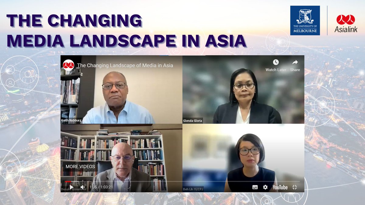 📺 Watch #AsialinkWebinarSeries The Changing Media Landscape in Asia now on #AsialinkInsights: asialink.unimelb.edu.au/insights/asial…

@keithrichburg @glendamgloria  @behlihyi and @GreenleesDonald discussed the media trends, challenges, and opportunities in 🇦🇺's engagement in the Indo-Pacific.