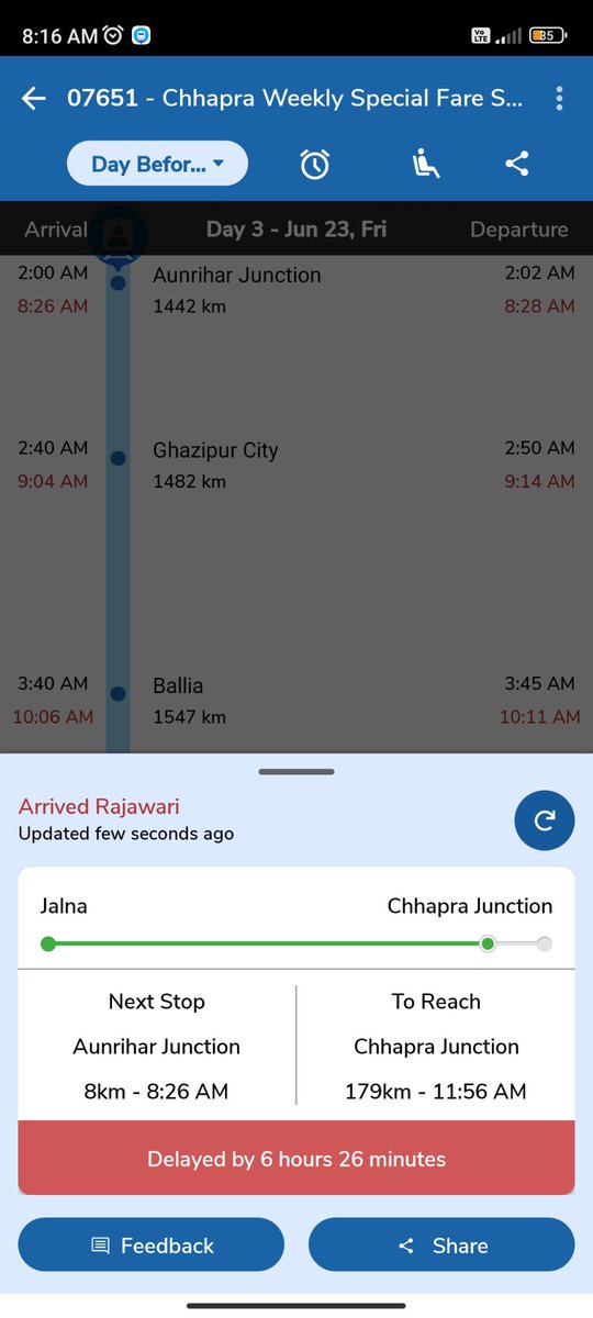 Sanjeev10224's tweet photo. Sir today train is delyed by 6 hrs please take action . 
Train no : 07651
Train name : chhapra weekly special
@RailMinIndia @RailwaySeva @AshwiniVaishnaw @irctc https://t.co/qRddrSvpNh