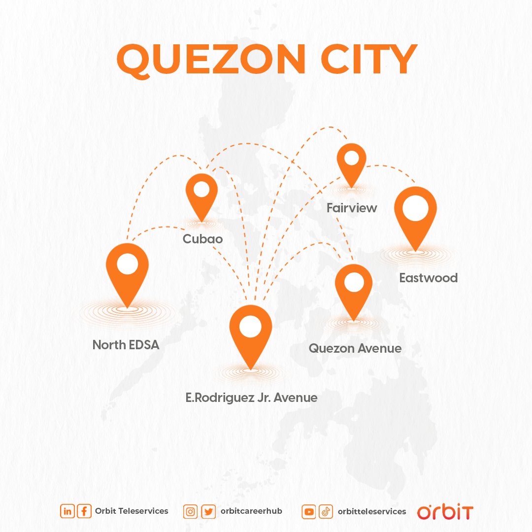 OrbitCareerHub's tweet photo. Do we have a site near you? Yes, we do!

We have listed down all the sites we have in #QuezonCity so you can choose your preferred work location.

#Applynow in our bio to get scheduled for an interview. 😉 https://t.co/46vEn0yiNu