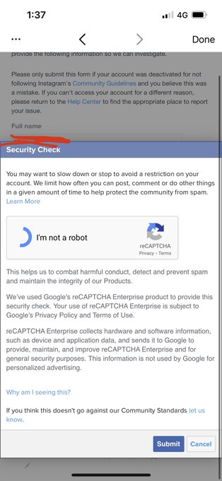Trying to get my Instagram back, I get to this page but then the security check NEVER loads. How am I