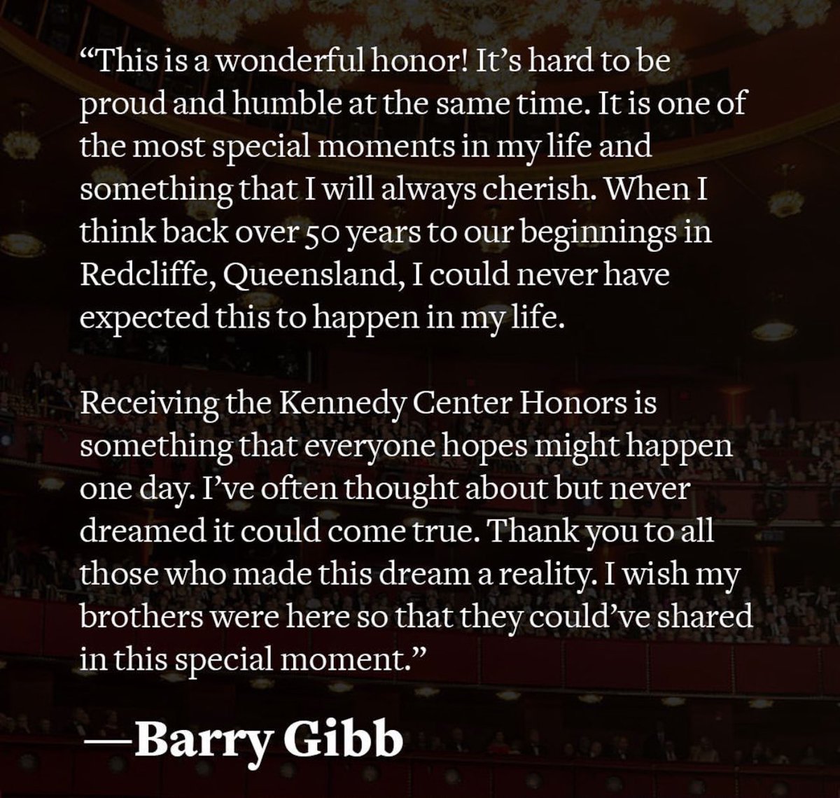 Congrats to one of my fave people, BARRY GIBB, recognized for his lifetime artistic achievements at the 46th @KCHonors on Dec. 3rd.

I’m extremely happy for Barry and the Gibb family and the Gibb legacy for this amazing honor.

BARRY’s STATEMENT in PHOTO #3 

#BarryGibb #BeeGees