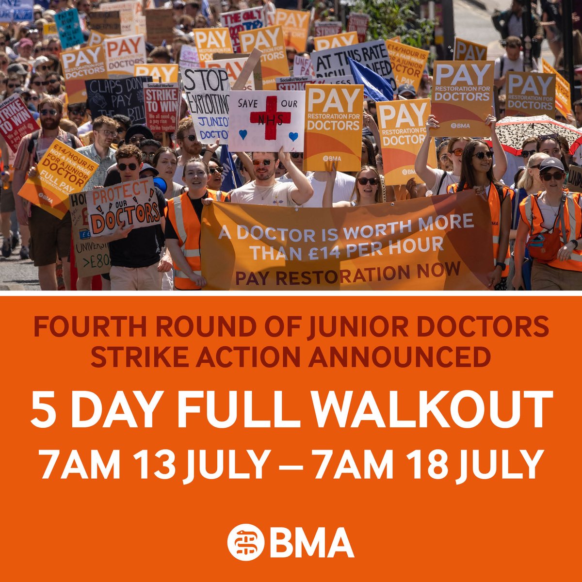 We won’t give up until junior doctors are fairly paid.

On 13 July, we will stage a 5 day strike, the longest single walkout by doctors in the NHS’s history.