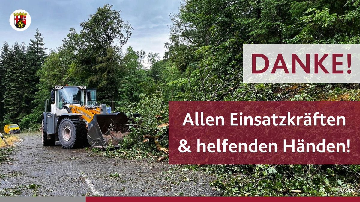 ⛈️⚡ Das #Unwetter hat auch in #RLP seine Spuren hinterlassen. Einige Orte wurden hart getroffen.

🙏 Der Dank von Ministerpräsidentin Malu #Dreyer gilt allen Einsatzkräften, helfenden Händen sowie allen Bürgerinnen und Bürgern für ihr umsichtiges Verhalten!
