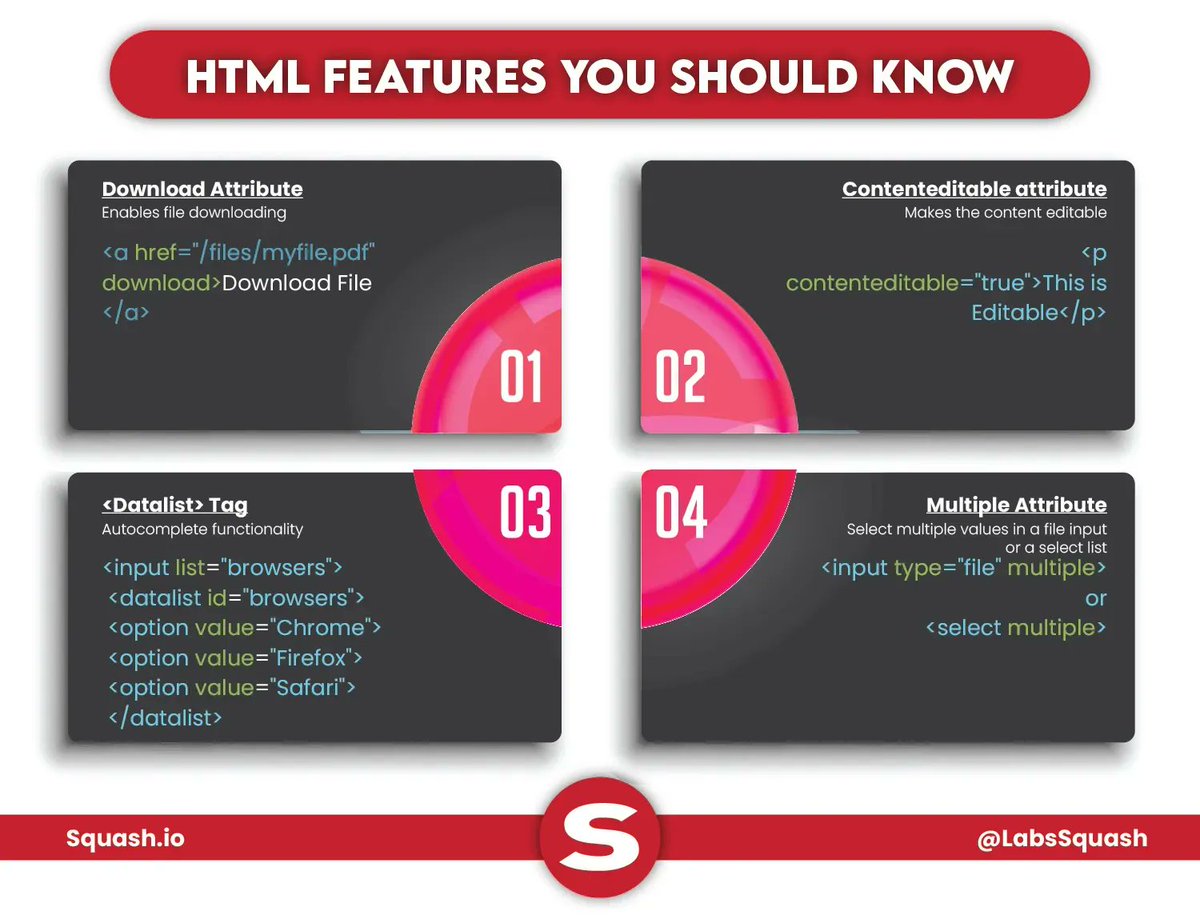 HTML5 features you should know:

⬇️ Download Attribute: easy file downloading
✍️ ContentEditable Attribute: makes the content editable
🔖 Datalist Tag: autocomplete functionality
☑️ Select Multiple Values: multiple values selection in a file input or select list.