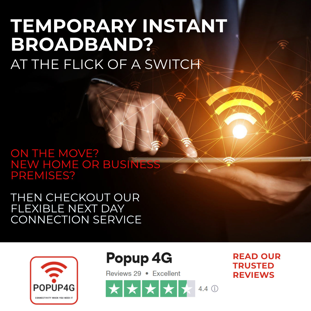 Need quick instant broadband at the flick of a switch? Are you working remotely? Home office?  Then check out our mobile broadband solutions for instant connection.
Visit us at: popup4g.com
#workremotely
#broadband
#temproarybroadband
#broadbandinternet