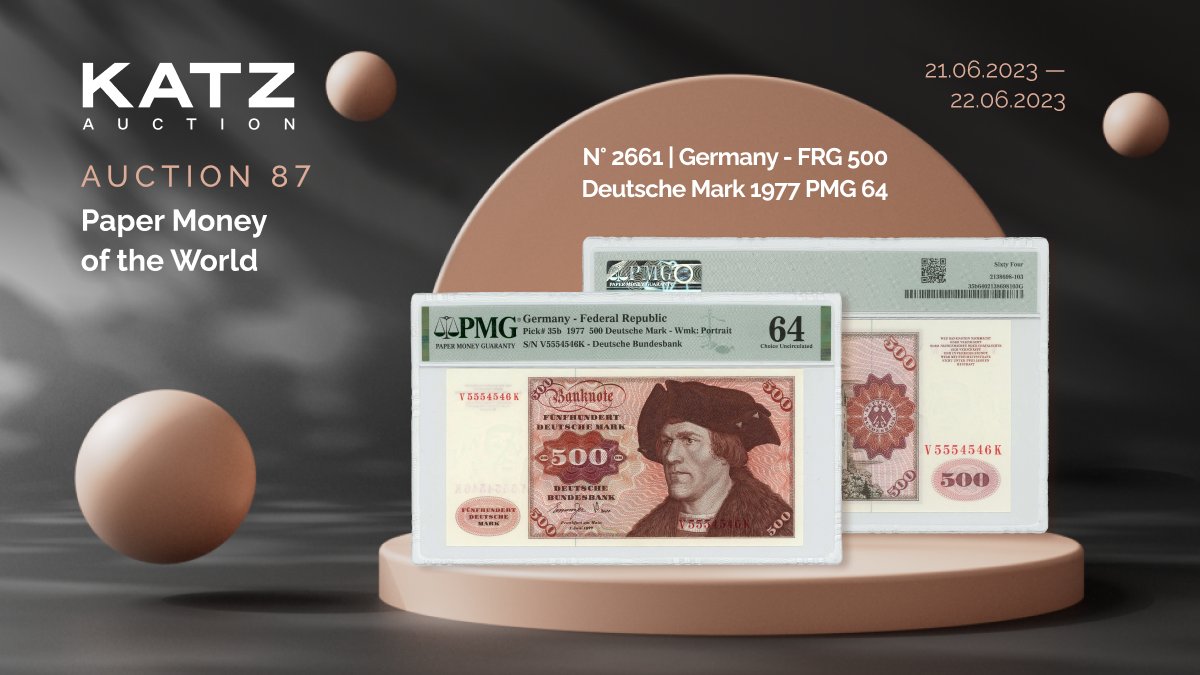 N° 2661 | Germany - FRG 500 Deutsche Mark 1977 PMG 64
katzauction.com/lot/325661
P# 35b, N# 359477; # V5554546K; UNC

#auction #KATZauction #papermoney #lots #papermoneycollection

#paper_money #raremoney #collectionmoney #collection  #worldmoney #worldpapermoney #raremoney