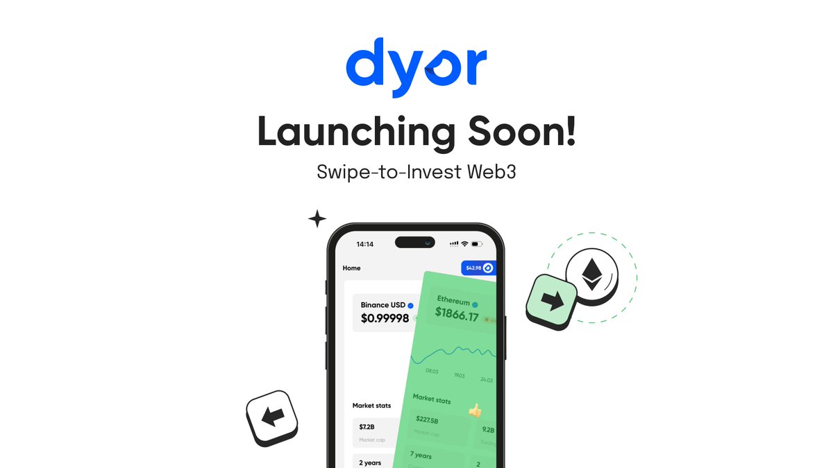 🖖 Swipe-to-Invest and more with Dyor — Your All-in-One Decentralized Investment App: buff.ly/3Cm5lKw

🚀 Dyor is the easiest way for everybody to discover 👓 and invest 💰 in high-quality Web3 and DeFi projects. Think Robinhood meets Tinder.

👇 All you need to know 🧵