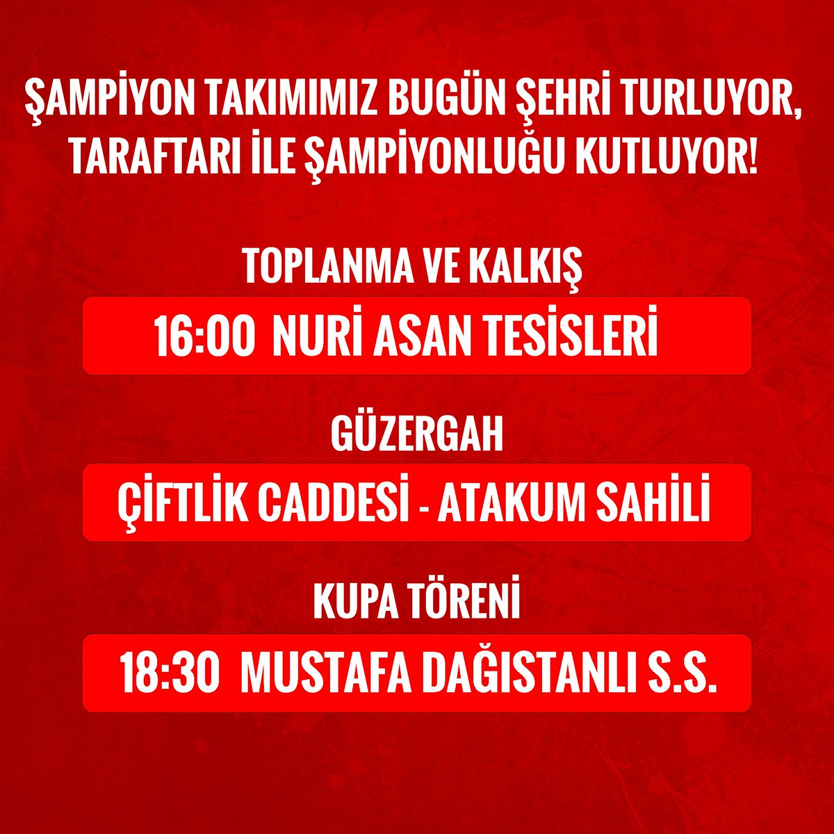 BUGÜN ŞAMPİYONLUĞU #OMUZOMUZA KUTLUYORUZ! 🏆🔥

Takımımız, bugün 16:00'da üstü açık otobüs ile Nuri Asan Tesislerinden hareket ederek şehir turu yapacaktır. Çiftlik Caddesi ve Atakum Sahilini turladıktan sonra, kupa töreni 18:30'da Mustafa Dağıstanlı Spor Salonunda yapılacak.