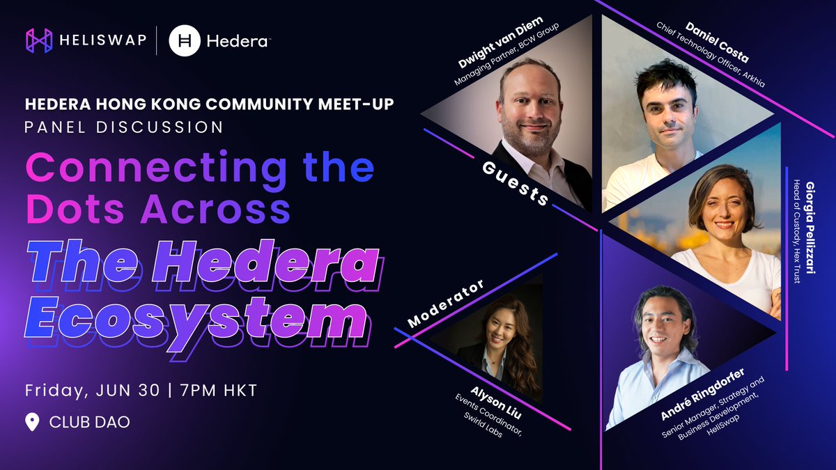 Join our panel discussion at the special meetup next Friday where we will feature some of <a href="/hedera/">Hedera</a>'s biggest builders and dApps at 🇭🇰Hong Kong's favourite crypto club, <a href="/CLUBDAO_Global/">CLUB DAO</a> ♣️

Panelists: 
Giorgia Pellizzari | Head of Custody <a href="/Hex_Trust/">Hex Trust</a>
Daniel Costa | Chief Technology