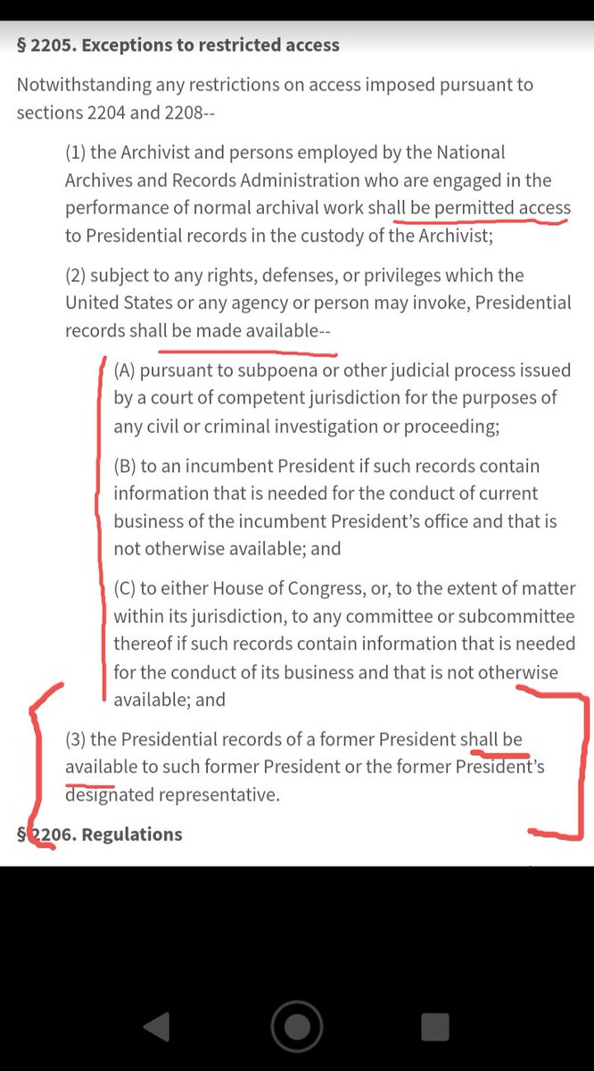 PRA 2205(3) grants former POTUS perpetual access to his docs. Where? Wherever he takes them. Because 2205(1) 'in custody of [NARA]' access requirement for archivists isn't required in section '(3)'👇The text is clear-§2205 title: 

'Exceptions To Restricted Access'. 

GAME OVER🚨