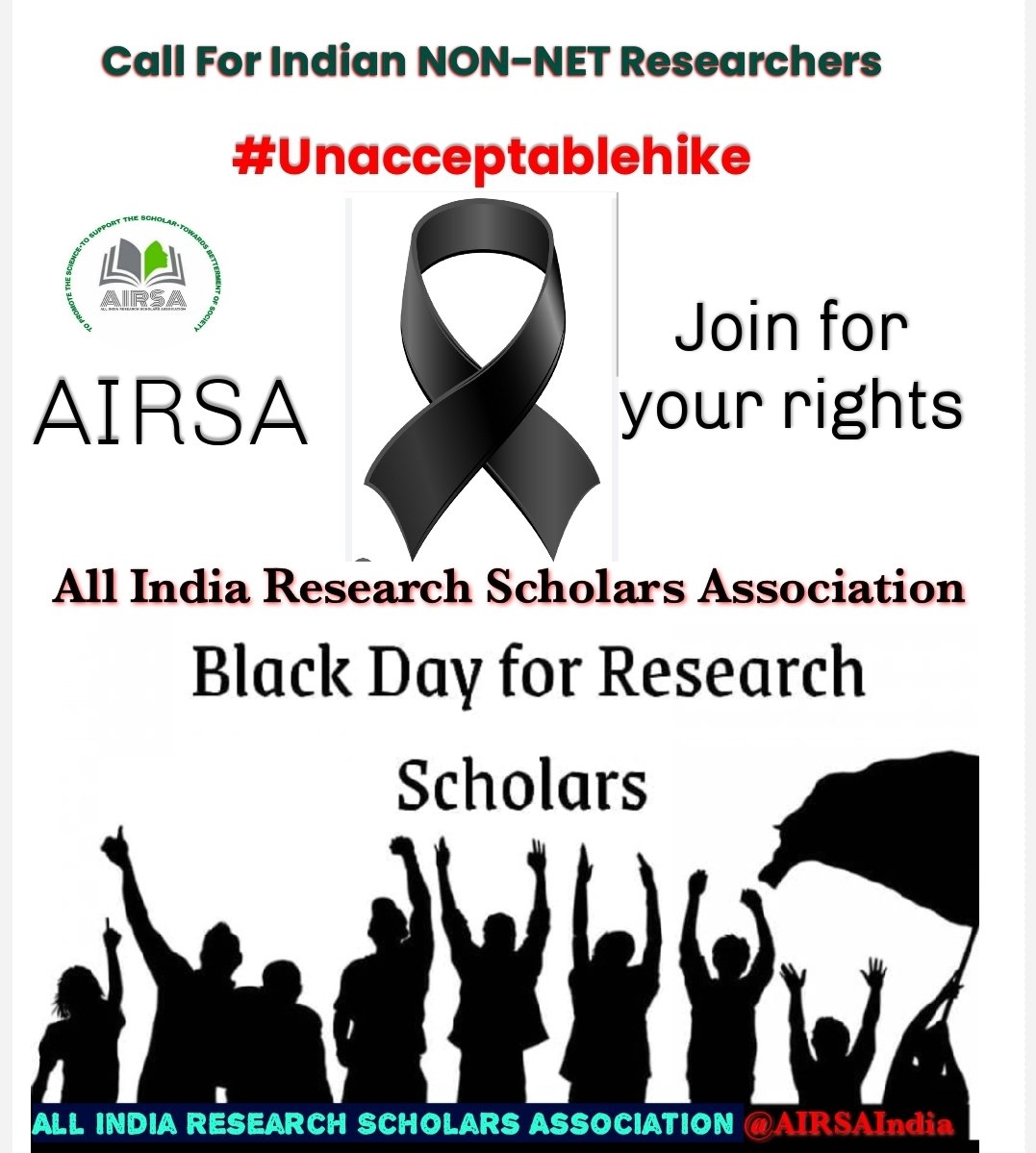 #Blackdayforresearchscholars
#Unacceptablehike
#Hikefellowship60
📢Unacceptable 19.4% hike in Indian research scholar fellowships. We demand a 60% fellowship hike! @AIRSA is calling for a meeting to address this issue and support our scholar. @DrJitendraSingh @AjaySoodIISc