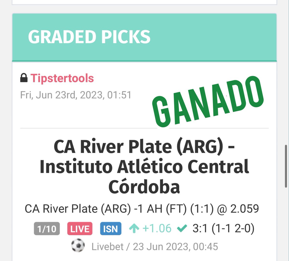 TipsterTools's tweet photo. Otro verde que sumamos 🍀

#tipstertools #apuestasdeportivas #picks #blogabet #tipster #bet365 #bwin https://t.co/iQ8Wz9poEM