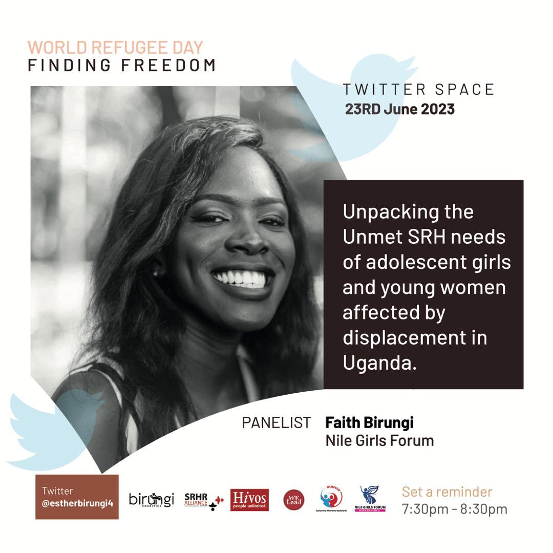 Me our panelists for todays twitter space in commemoration of #worldrefugeeday2023 
@faithbirungi_ is a philanthropist @nilegirlsforum and the Proprietor of Tell’zy Trolley Limited. 
#WithRefugees 
#WeLeadOurSRHR