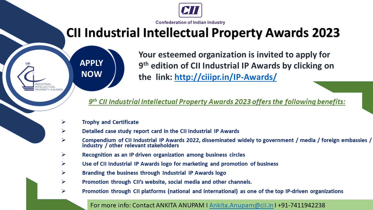 @CII4IPR offers #Benefits to the #Awardees of CII Industrial IP #Awards 2023 Click ➡️ ciiipr.in/IP-Awards/sign… to register and participate in the 9th Edition of CII Industrial IP Awards @iitdelhi @IITKanpur @IITGuwahati @iitbombay @IITHyderabad @iit__mandi @IITISM_DHANBAD @iitgn