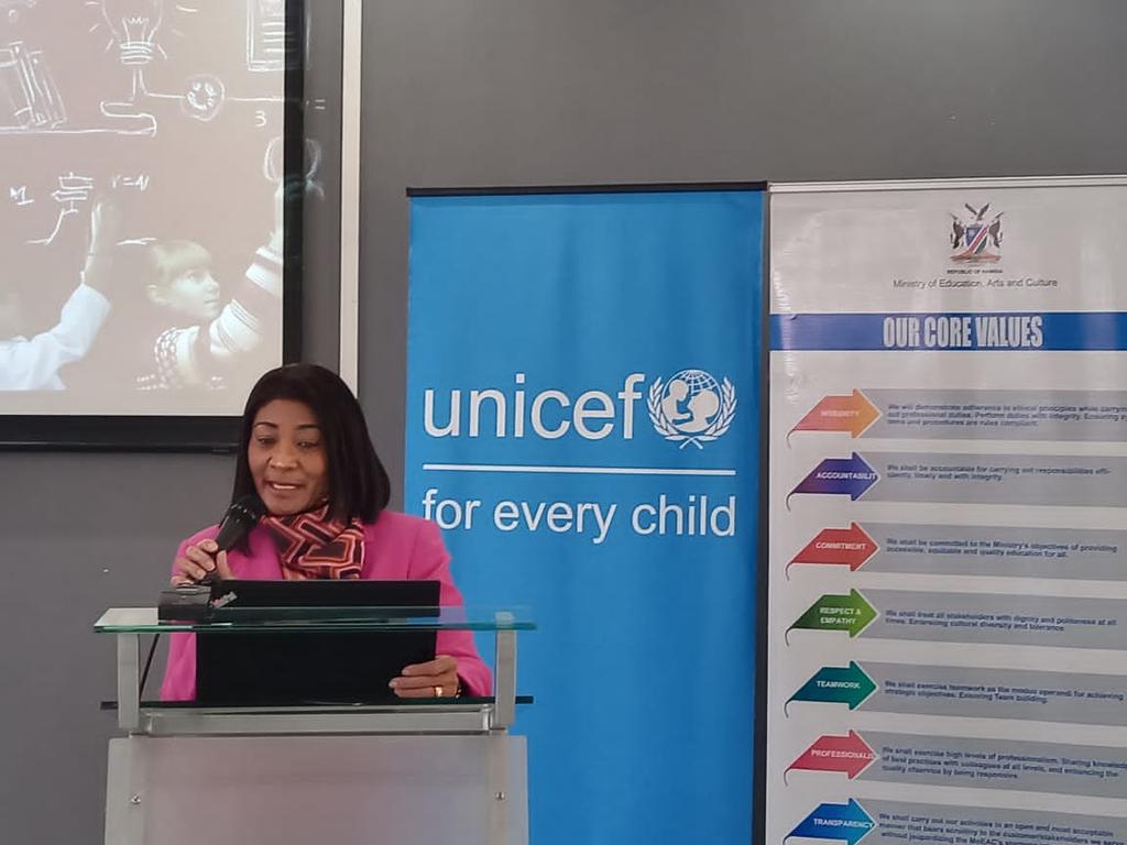 Dr. Aune Victor, Education Specialist delivered remarks on behalf of <a href="/OdedeRachel/">Rachel Odede</a> UNICEF Representative. She noted that as young advocates they are receiving training on how to play a key role in effecting change in their communities toward goals of education transformation in 🇳🇦
