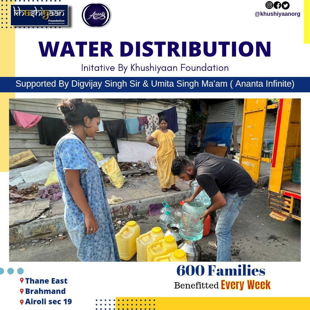 Khushiyaan_Org's tweet photo. 𝙒𝙖𝙩𝙚𝙧 𝘿𝙞𝙨𝙩𝙧𝙞𝙗𝙪𝙩𝙞𝙤𝙣💧

Location - Thane East, Airoli Sector-19 &amp; Brahmand 

600 families at our Mumbai Rotighar slums are benefitted with clean drinking water weekly.

#ANANTAKhushiyaan #boond #water #spreadlove #love #blue #mumbai #waterdistribution https://t.co/0hNBNnAfQ4
