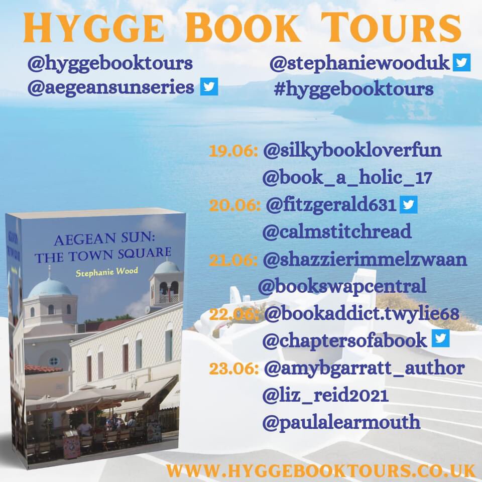 Another @hyggebooktours day.  Aegean Sun:The Town Square by @stephaniewooduk.  Grab a coffee and take a seat in the Town Square to enjoy the never-ending entertainment!  Fifteenth  in this terrific series. @aegeansunseries #hyggebooktours #womensfiction