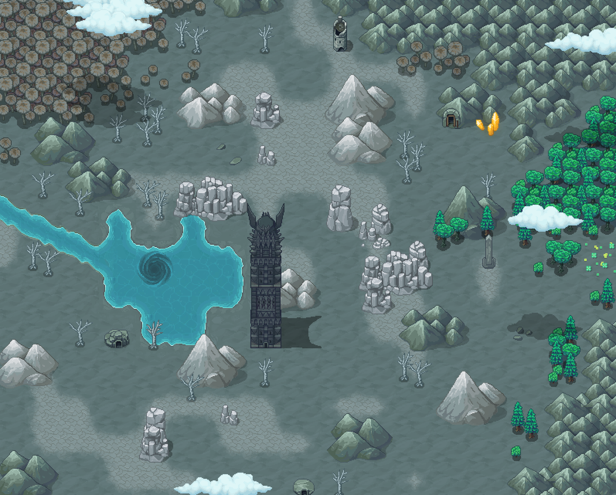 New update again for the overworld tileset.
Added white mountains, trees and rocks.
It matches quiet well with the black sand or green gras.
Gives a really good contrast between black and white.
#gamedev #indiedev #pixelart #rpgmaker #RPGツクール #gamedevelopment