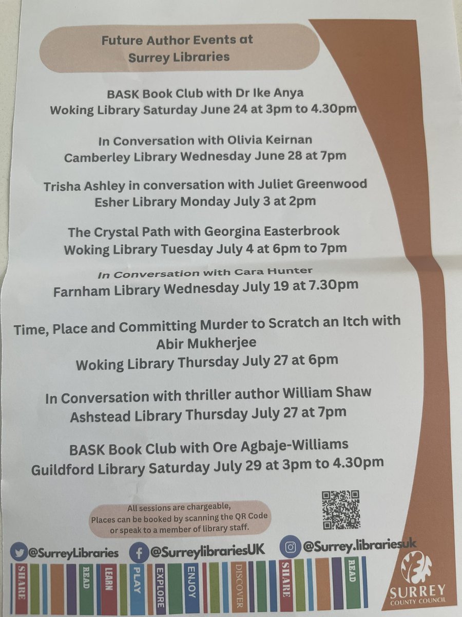 AAChaudhuri's tweet image. Picked up this leaflet last night after our event @GuildfordLib, listing upcoming #authorevents @SurreyLibraries 📚 Some amazing authors here who would love to see you! #readingcommunity #BookTwitter @The_CWA #surrey