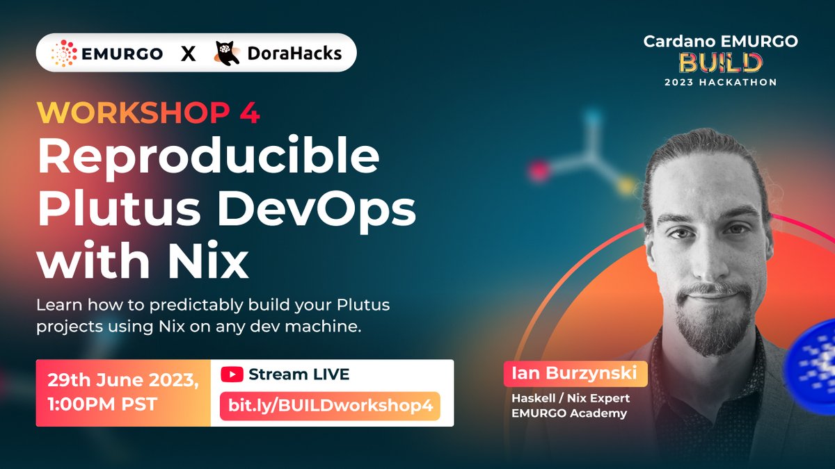 😃 We’re excited to invite you to the Cardano EMURGO BUILD 2023 Hackathon Workshop #4: Reproducible Plutus DevOps with Nix. Learn how to predictably build your Plutus projects using Nix on any developing machine in this workshop guided by Ian Burzynski! Date: 29th June @ 1:00PM…