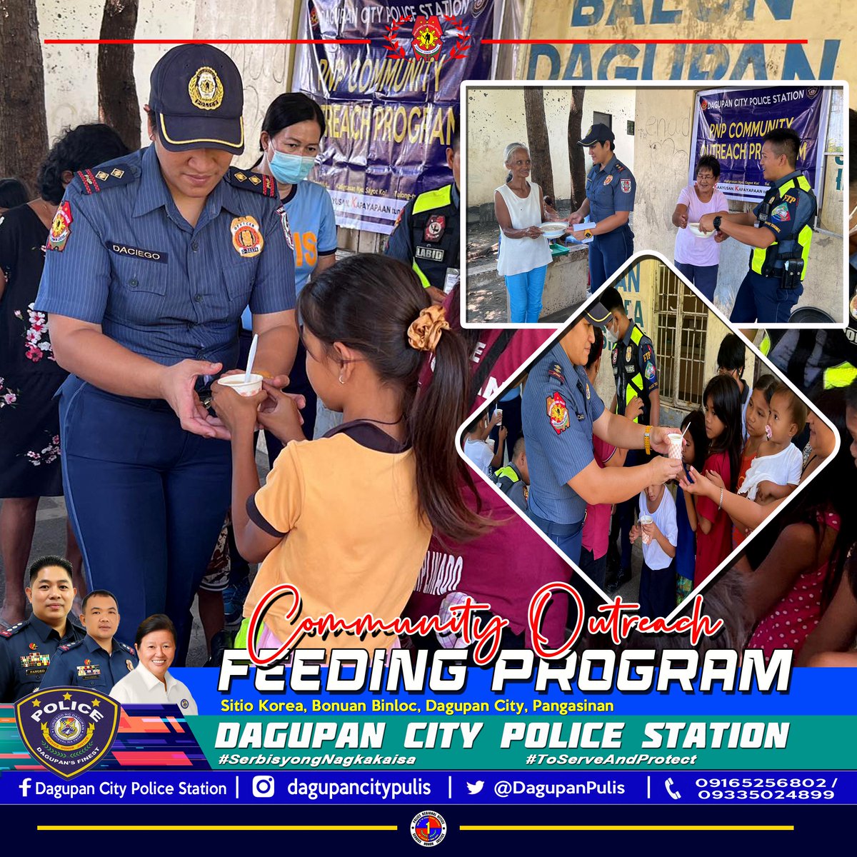 Personnel of Dagupan City Police Station led by PCPT SHAYNE G DACIEGO, PCAD Officer, under the leadership of PLTCOL BRENDON B PALISOC, OIC, together with police trainees and Pastor Freddieric Mariano, KASIMBAYANAN Adviser, conducted Feeding Program at Bonuan Binloc, Dagupan City.