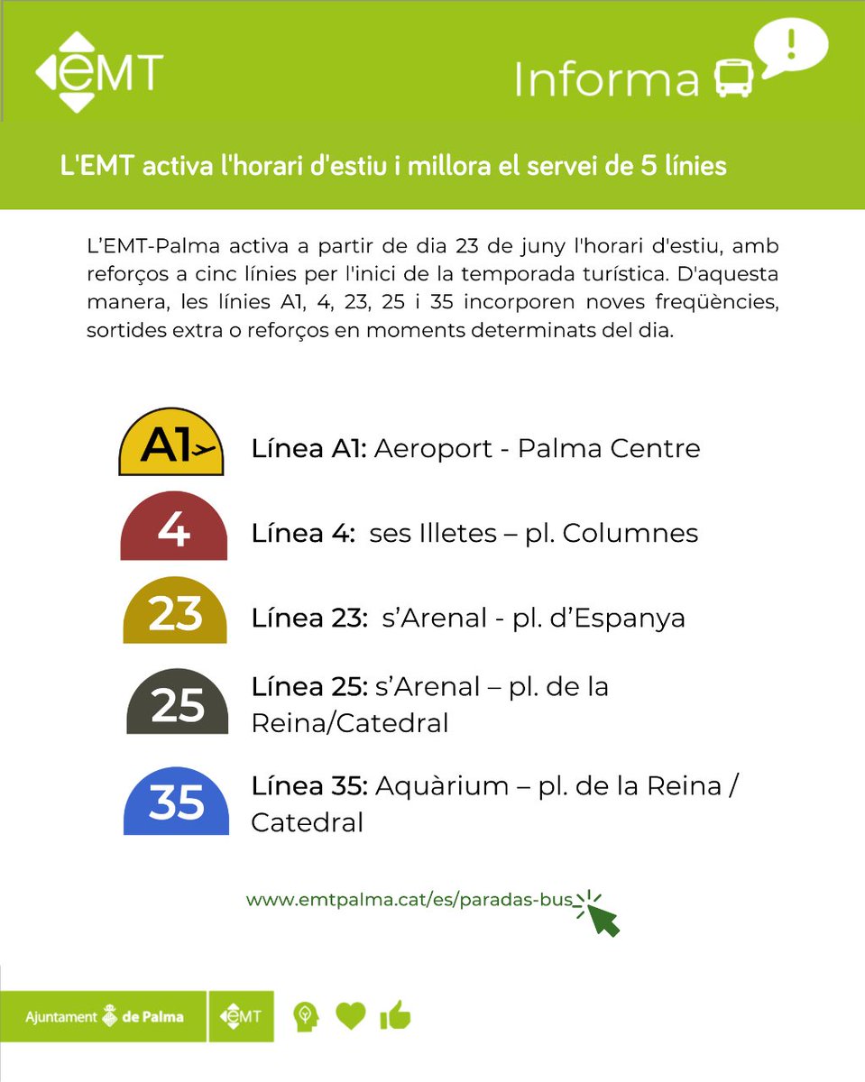EMT_Palma's tweet photo. Nous horaris d'estiu ☀️🕑

A partir d'avui divendres dia 23 de juny, hem activat l'horari d'estiu, amb reforços a cinc línies per l'inici de la temporada turística. 

Al següent enllaç trobareu tota la informació 👉  https://t.co/6mXQaATWxl https://t.co/x0ZRQmR3FV