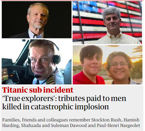 Tributes? Another take but seriously it really is grotesque how media across the board are manufacturing sympathy for billionaires whose wealth so isolates them from peril they need to seek it out while ignoring all manner of suffering and unavoidable peril among ordinary people