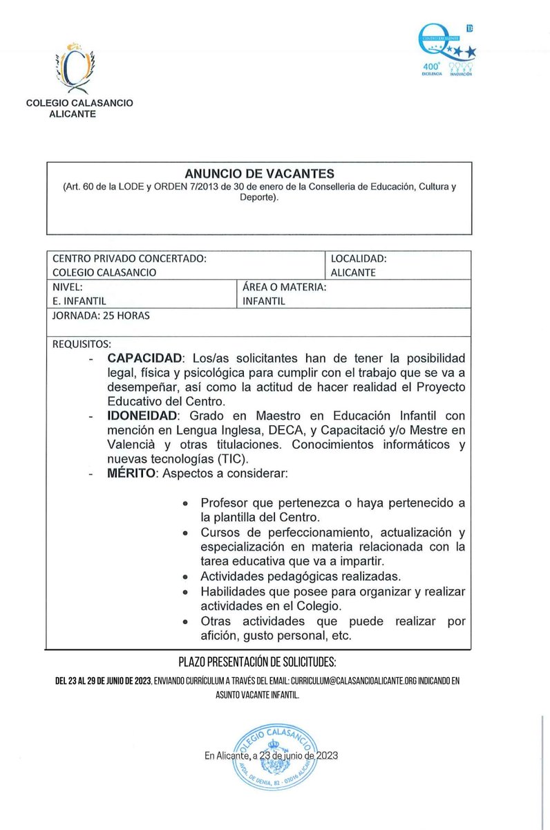 Nueva vacante en infantil.