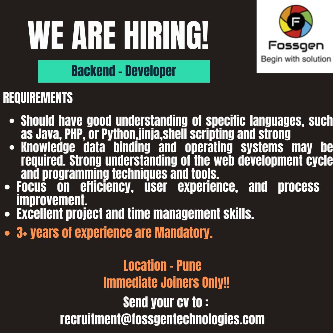 Urgently Looking for Back End Developer.
Experience: 3to 5 yrs
Location: Pune
Immediate Joiner required
Interested can mail their resume to recruitment@fossgentechnologies.com
#experience #engineer #immediatejoiner #pune #resume #recruitment