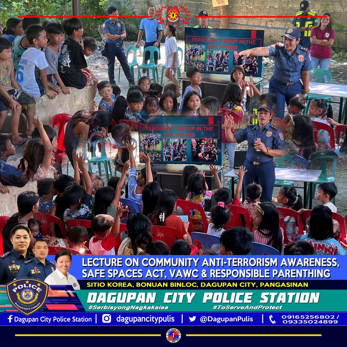 PCPT SHAYNE G DACIEGO, PCAD Officer, Dagupan CPS, under the supervision of PLTCOL BRENDON B PALISOC, OIC, conducted lecture on Community Anti-Terrorism Awareness, SAFE Spaces Act, VAWC and Responsible Parenting during the KASIMBAYANAN sa Barangay at Bonuan Binloc, Dagupan City.