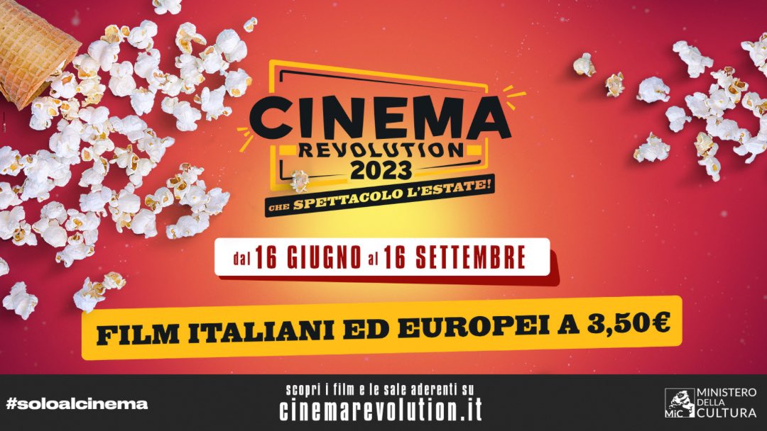 A Cinemacity Ravenna il cinema d’estate costa meno! 🎬🍿 Con l’iniziativa Cinema Revolution promossa dal Ministero della Cultura fino al 16 Settembre 2023 sarà possibile vedere i film italiani ed europei in sala al prezzo speciale di 3,50€* *solo sui titoli che hanno aderito