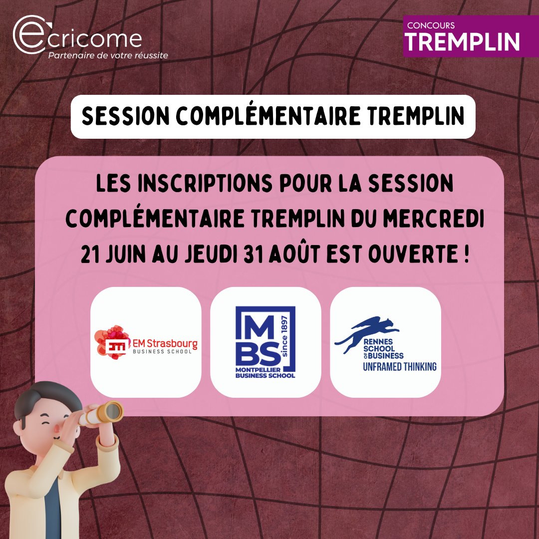 🔴 Saisissez l'opportunité d'intégrer une Grande École de management en septembre. Participez à la session complémentaire TREMPLIN ! TREMPLIN 1 : urlis.net/yv05yusi
TREMPLIN 2 :urlis.net/f57rej2z 
#ast #MonMaster #ecricome <a href="/EMStrasbourg/">EM Strasbourg (FR)</a> @Montpellier_BS <a href="/RennesSB/">Rennes SB</a>