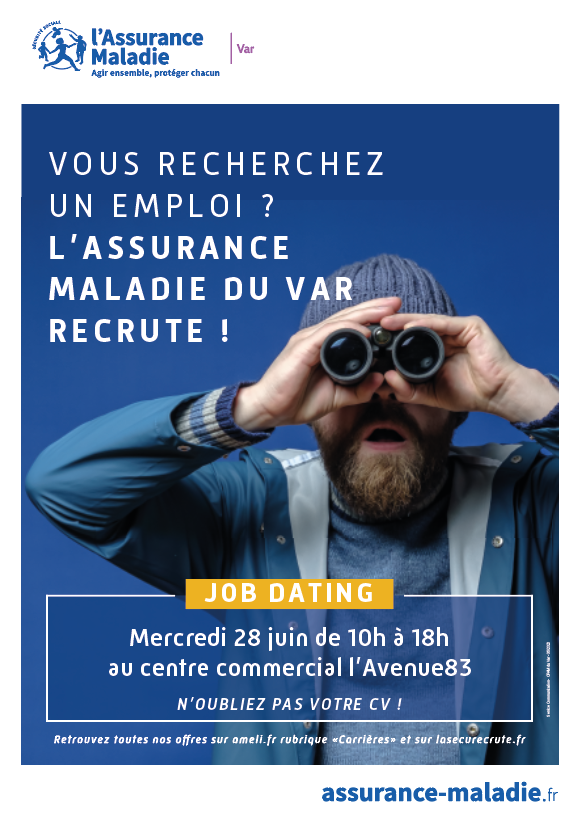 La CPAM du Var recrute !

📣Venez nous rencontrer lors d'un Job Dating
👉Mercredi 28 juin 2023
⌚De 10h00 à 18h00
📍Centre commercial l'Avenue83

📌N'oubliez pas votre CV !

#FIERSDEPROTEGER