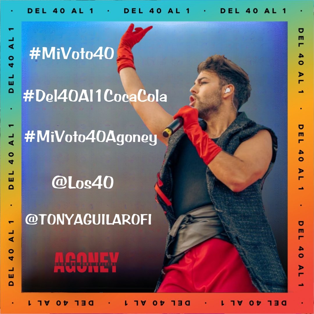 🎶 23-06-23 🎶

📌 Hilo de votos 🗳️

Propongo #QuieroArder de @Agoney como candidata a la lista #Del40al1CocaCola en @Los40 con @TonyAguilarOfi #MiVoto40Agoney #Mivoto40 

📌 Importante:
👉 Seguir a @Los40