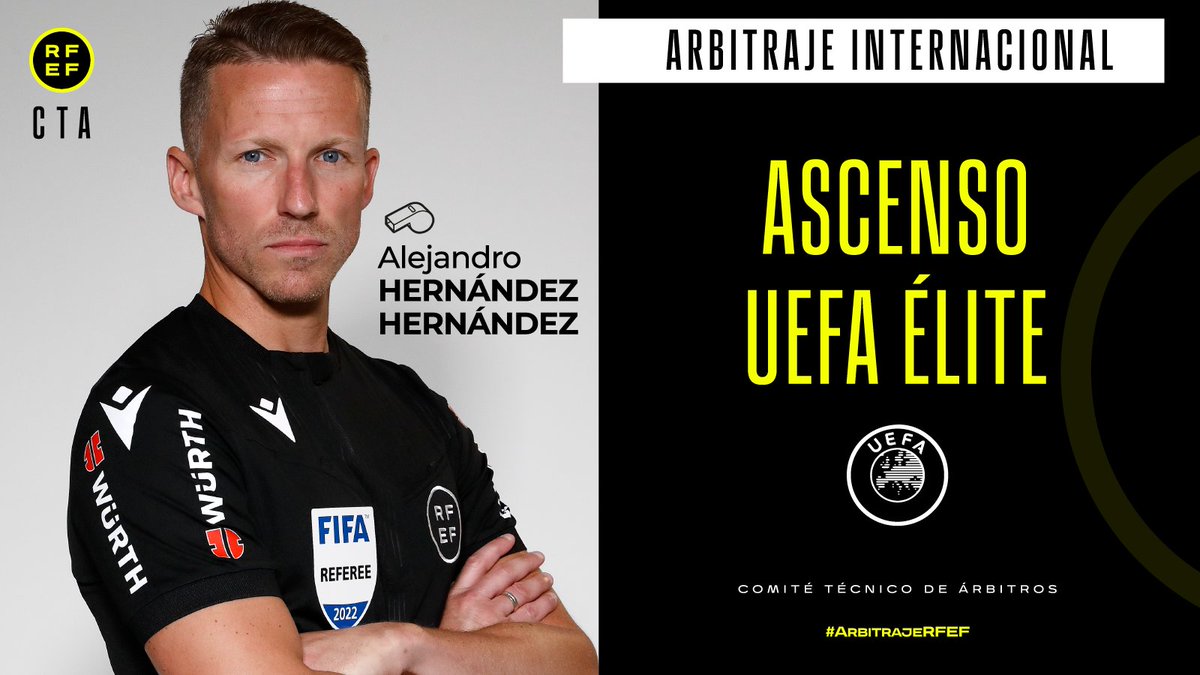 👏🏻 <a href="/UEFA/">UEFA</a> asciende al árbitro español Alejandro Hernández Hernández a la máxima categoría del arbitraje europeo.

🔴 El <a href="/CTARFEF/">CTA</a> cuenta, además, en la categoría UEFA Élite con Gil Manzano, Sánchez Martínez y Marta Huerta de Aza.

#ArbitrajeRFEF

ℹ️ bit.ly/UEFA_ELITE