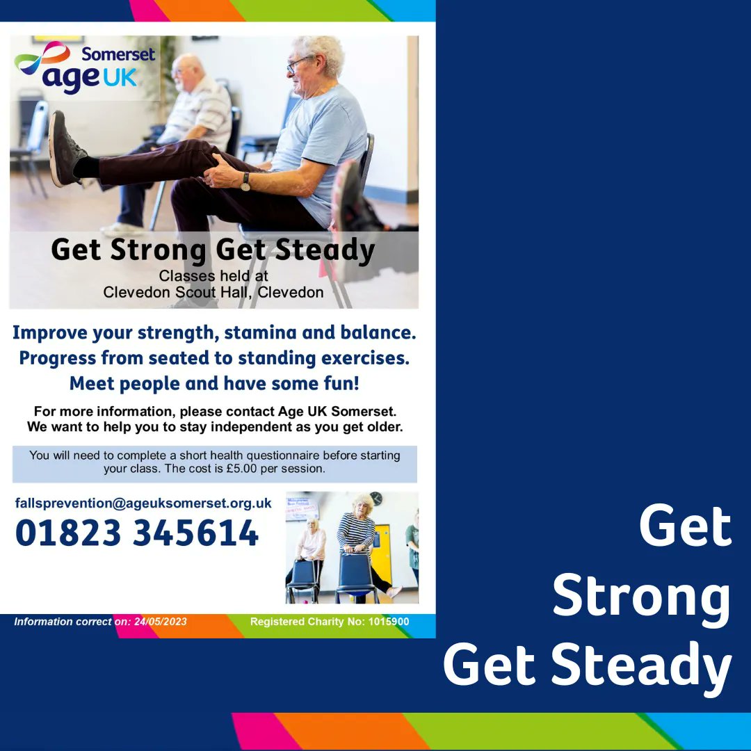 🎉 A new Get Strong Get Steady Class is coming to #clevedon #NorthSomerset

To find out more please contact our Falls Prevention team:
☎️ 01823 345614
📨 fallsprevention@ageuksomerset.org.uk

#ageuksomerset #fallsprevention #ageingwell #strongandsteady