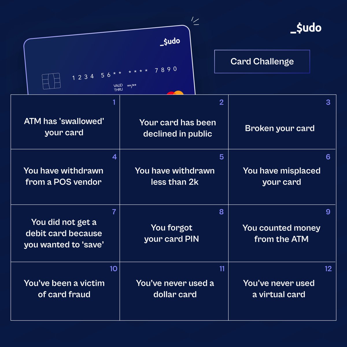 SudoAfrica's tweet image. Card Tales! Which of these can you relate to? Join the fun and share your most memorable card experience.
#SudoAfrica #SudoCards #Cardchallenge #tgif