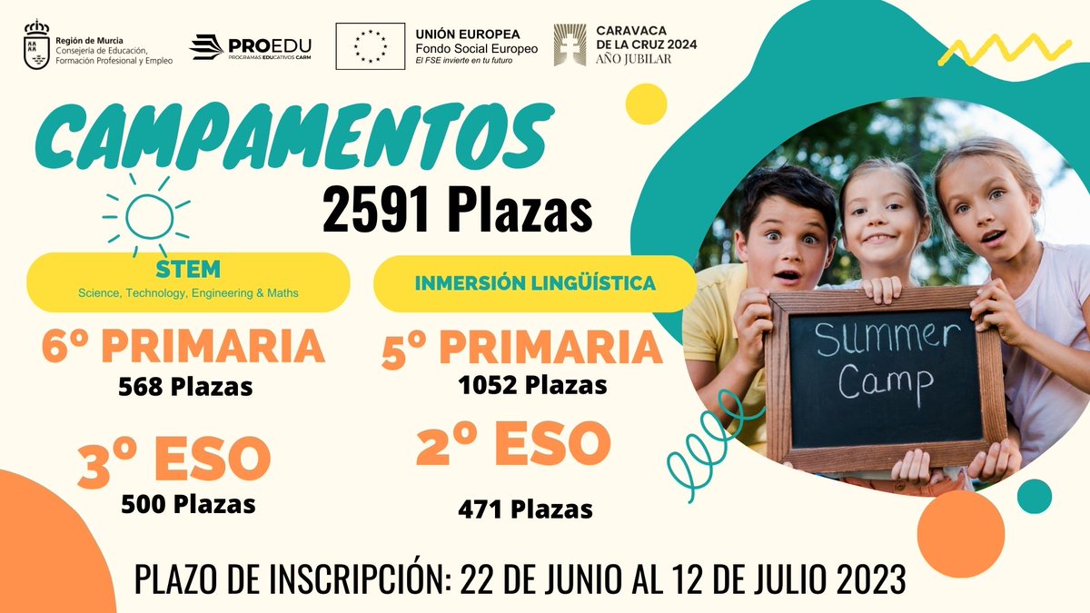 Cerca de 2.600 plazas en campamentos gratuitos de inglés y Steam para alumnos de #Primaria y #Secundaria.

📅El plazo de inscripción comenzó ayer y finaliza el 12 de julio.

Se celebrarán en la Región y tendrán una duración de entre 3 y 7 días.

🔗⬇️
carm.es/web/pagina?IDC…