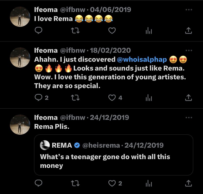 @ifbnw 
u've been preying on Rema since he was a teenager, u had all the naughty  ideas in ur head and u didn't even hide  them.
But Cus he didn't recognise u, u decided to act like a witch, a bitter  ex, a fvking sore loser.
I pray u heal from whatever u are suffering from.