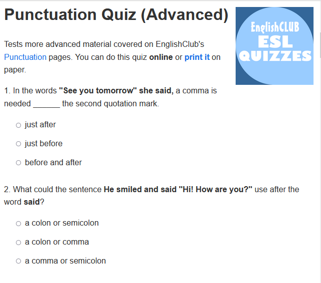 INFO: Punctuation Quiz (Advanced). Test your knowledge on more advance punctuation. i4c.xyz/y75toqh3 #edchat #5thchat #6thchat #7thchat #langarts #ela #engchat #Quiz
