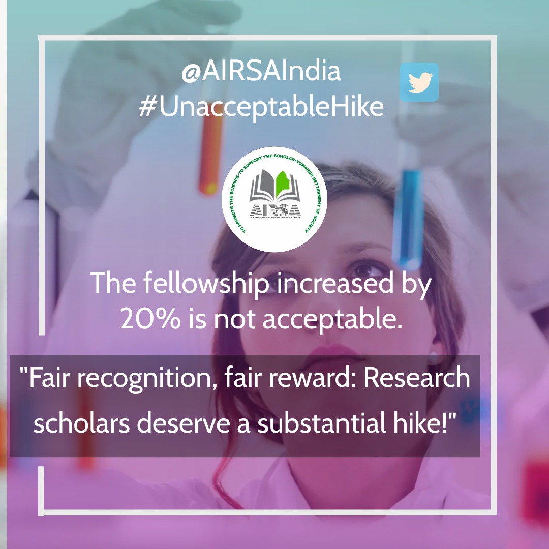 @AIRSAIndia @Airsa @dpradhanbjp @IndiaToday @FinMinIndia @EduMinOfIndia @the_hindu @ugc_india @Xpress_edex @DanitaYadav @ShashiTharoor @TheLallantop 'I Also support 60% hike in research scholars fellowship hike' : 

Senior Research Fellow 
(Education Department)
#Blackdayforresearchscholars
#Unacceptablehike
#Hikeinfellowship60
@IndiaDST 
@dpradhanbjp
@AIRSAIndia