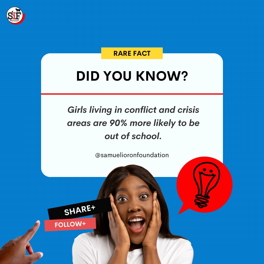 samuelioron_NGO's tweet photo. The World Bank estimates that girls are 2.5 times more likely to be out of school than boys in areas experiencing conflict or crisis.
#rarefact #education #girlchild #EducationForAll #friday https://t.co/B68Hi4P8Pr