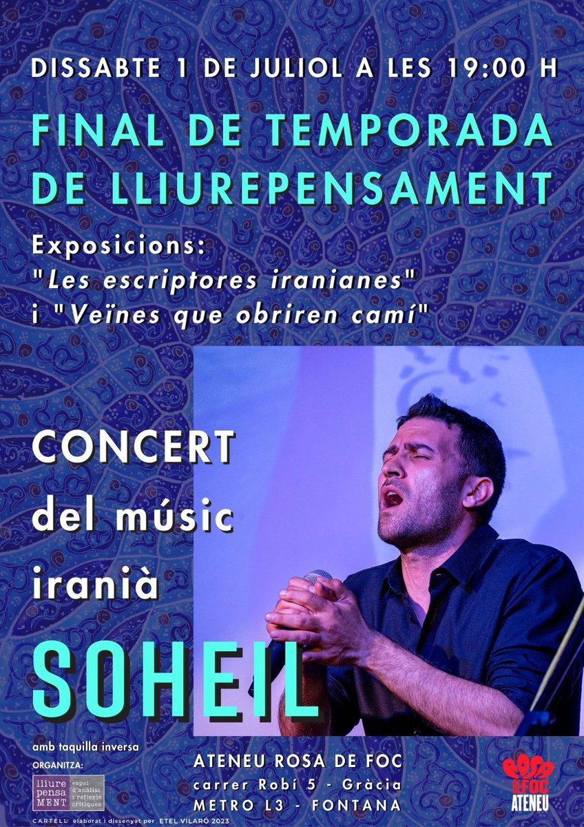El dissabte 1 de juliol tancarem temporada amb el concert del músic iranià Soheil a l'Ateneu Rosa de Foc.
I revisitarem les dues exposicions que vam fer sobre les escriptores iranianes i sobre 5 veïnes de Gràcia rebels i pioneres feministes.