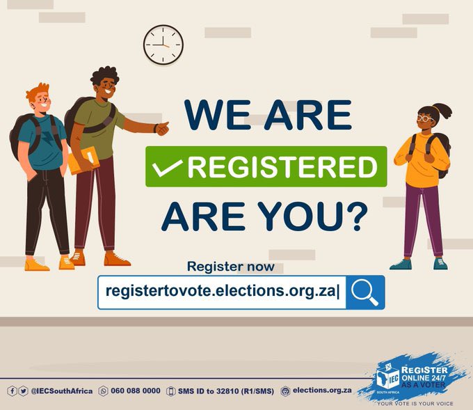 Young people, your voice matters!
Register to vote for the 2024 general election and make your voice heard.

🔗 registertovote.elections.org.za

#YouthVoteMatters
#YouthMonth2023