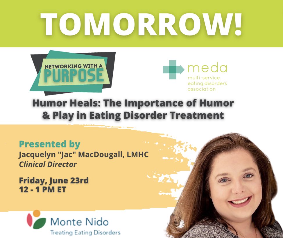 RECOVERwithMEDA's tweet photo. THIS FRIDAY we'll be hosting our Networking with a Purpose event, “Humor Heals: The Importance of Humor and Play in Eating Disorder Treatment” in partnership with Monte Nido. 

Register here! https://t.co/3vfEHhT2rw https://t.co/kKFdxsNwIq