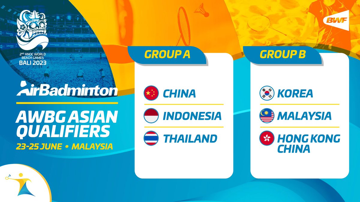 The <a href="/ANOC_Olympic/">ANOC</a> World Beach Games Asian qualifier is just a few hours away. 🤩

Good luck to all the players. 💪

#AirBadminton #ANOCWorldBeachGames #AWBGBali2023 #Bali2023 <a href="/Badminton_Asia/">Badminton Asia</a> <a href="/AWBG_official/">ANOC World Beach Games</a>
