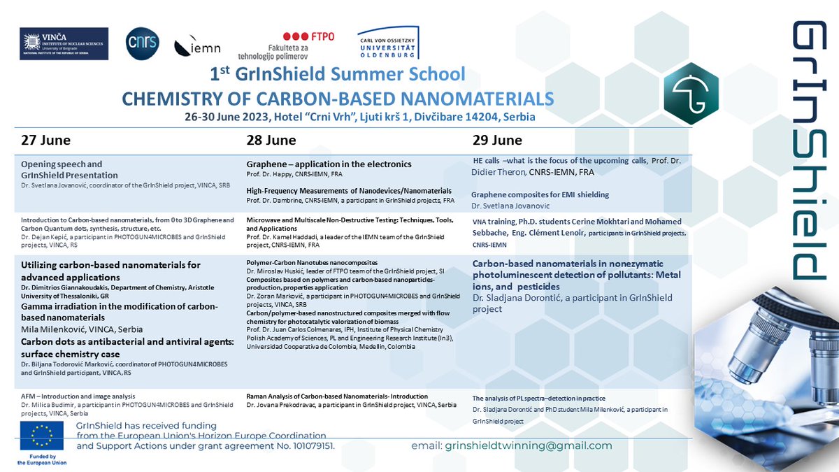 GrInShield Twinning (@grinshield) on Twitter photo #GrInShield Summers School is starting soon!
Here is the final program. We are looking forward to meeting our lecturers and participants in the CHEMISTRY OF CARBON-BASED NANOMATERIALS! Participation is free, contact us at grinshieldtwinning@gmail.com
#twinning #horizoneurope #GrInShield Summers School is starting soon!
Here is the final program. We are looking forward to meeting our lecturers and participants in the CHEMISTRY OF CARBON-BASED NANOMATERIALS! Participation is free, contact us at grinshieldtwinning@gmail.com
#twinning #horizoneurope